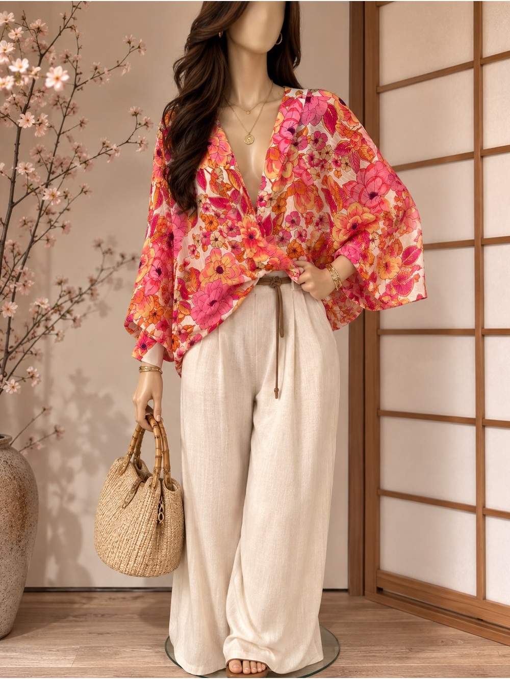 Smythe Vibrant Pink & Orange Floral V-Neck Blouse